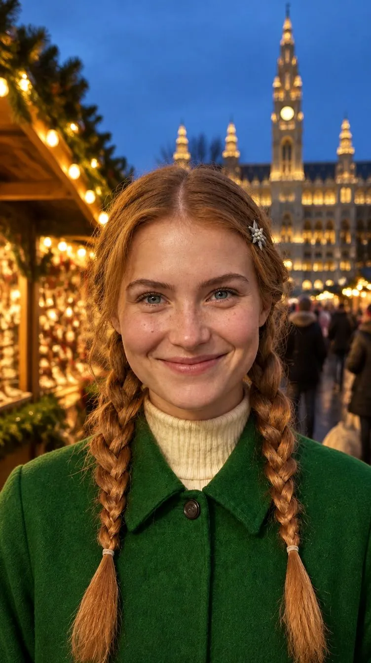 Franzi (AI-generated) at the Christmas market on Vienna Rathausplatz